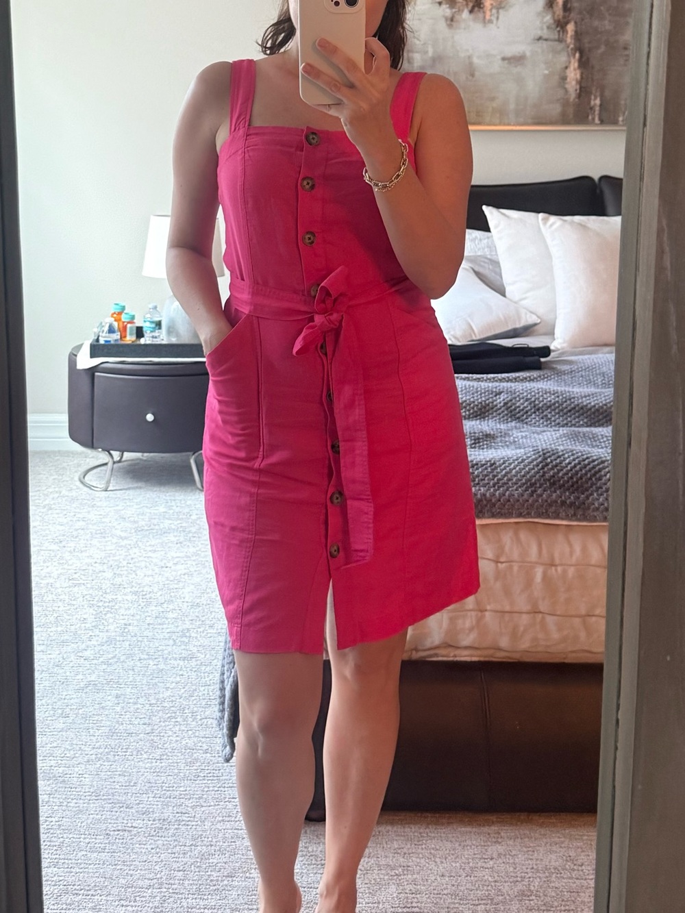 LOFT Button Down Linen Blend Dress Pink ButtonFront Tie-Waist Sundress MINI Sz 4